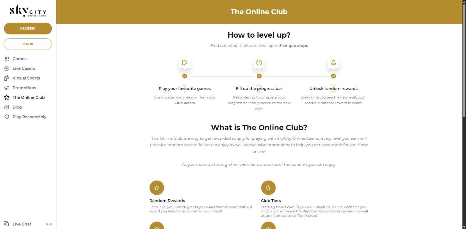 The Online Club loyalty programme page at SkyCity Online Casino