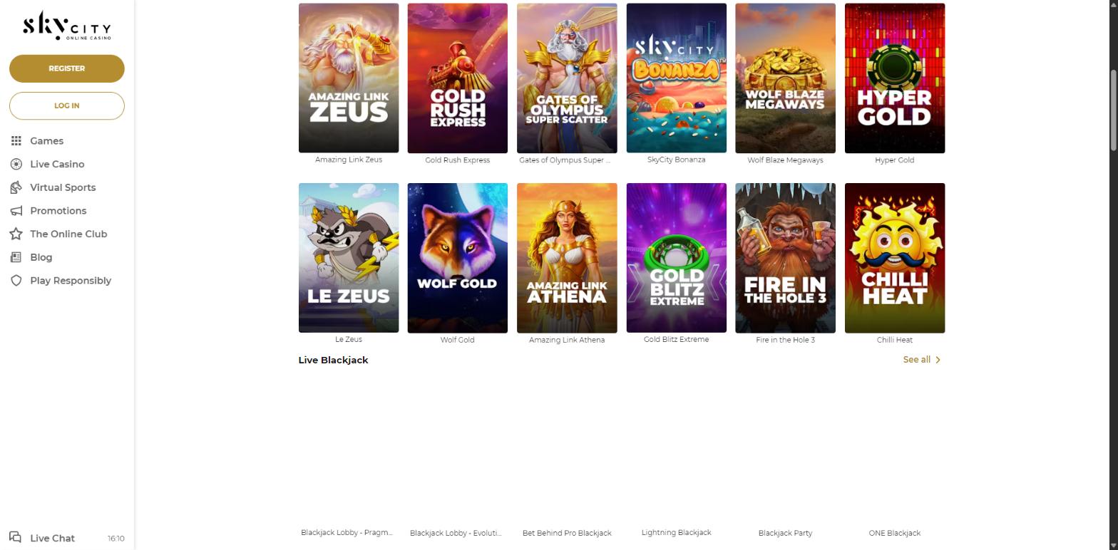 Top Pokies and Live Blackjack rails in the SkyCity Online Casino lobby