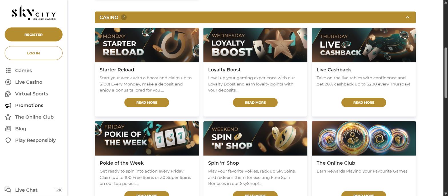 SkyCity Online Casino weekly promotions: Starter Reload, Loyalty Boost, Live Cashback, Pokie of the Week and Spin n Shop