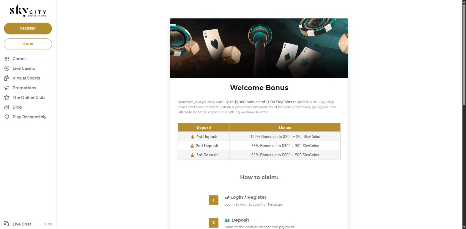 SkyCity Online Casino welcome bonus page: 100% to $200, 75% to $300 and 50% to $500 with SkyCoins