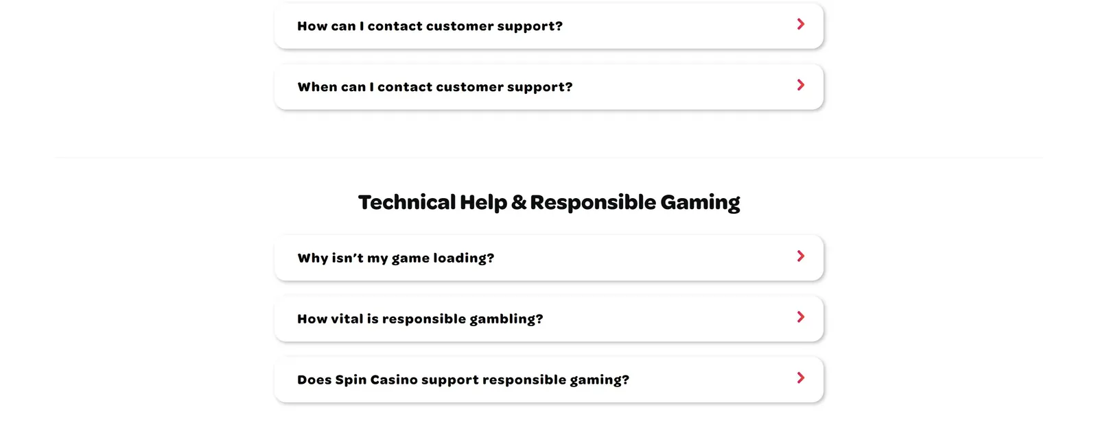 Spin Casino help centre topics including responsible gaming