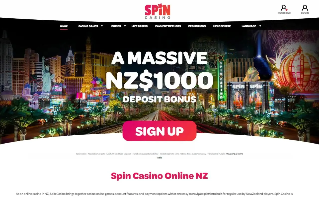 Spin Casino NZ homepage with the NZ$1,000 deposit bonus, September 2026