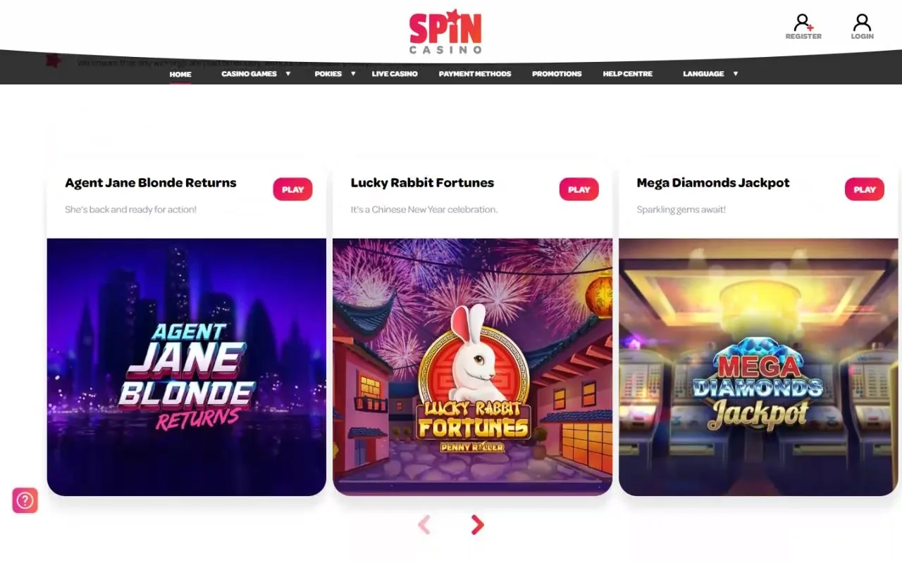 Spin Casino NZ online pokies page on the live site
