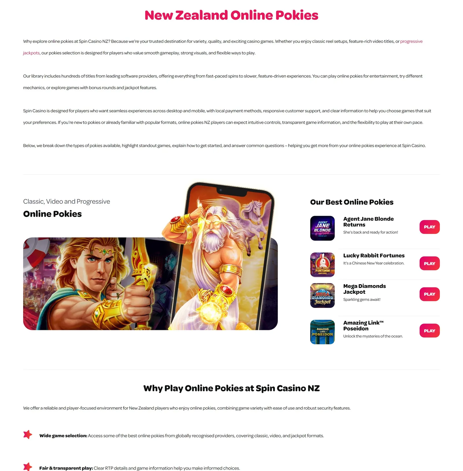 New Zealand online pokies page at Spin Casino