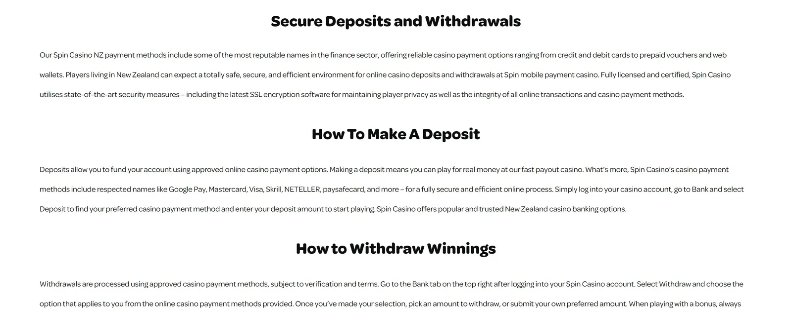 Spin Casino secure deposits and withdrawals page