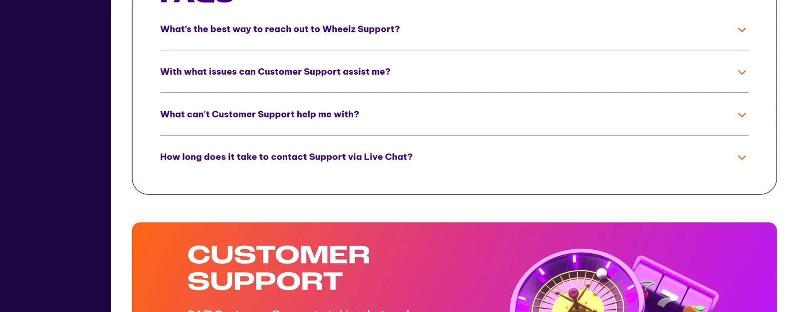 Wheelz Casino customer support page