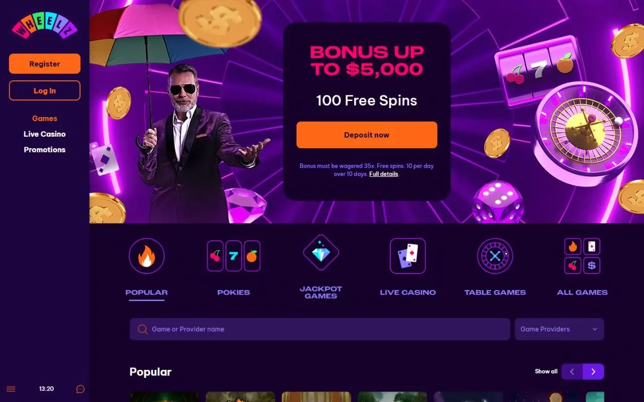 Wheelz Casino games lobby with Popular, Pokies, Jackpot, Live Casino and Table Games categories