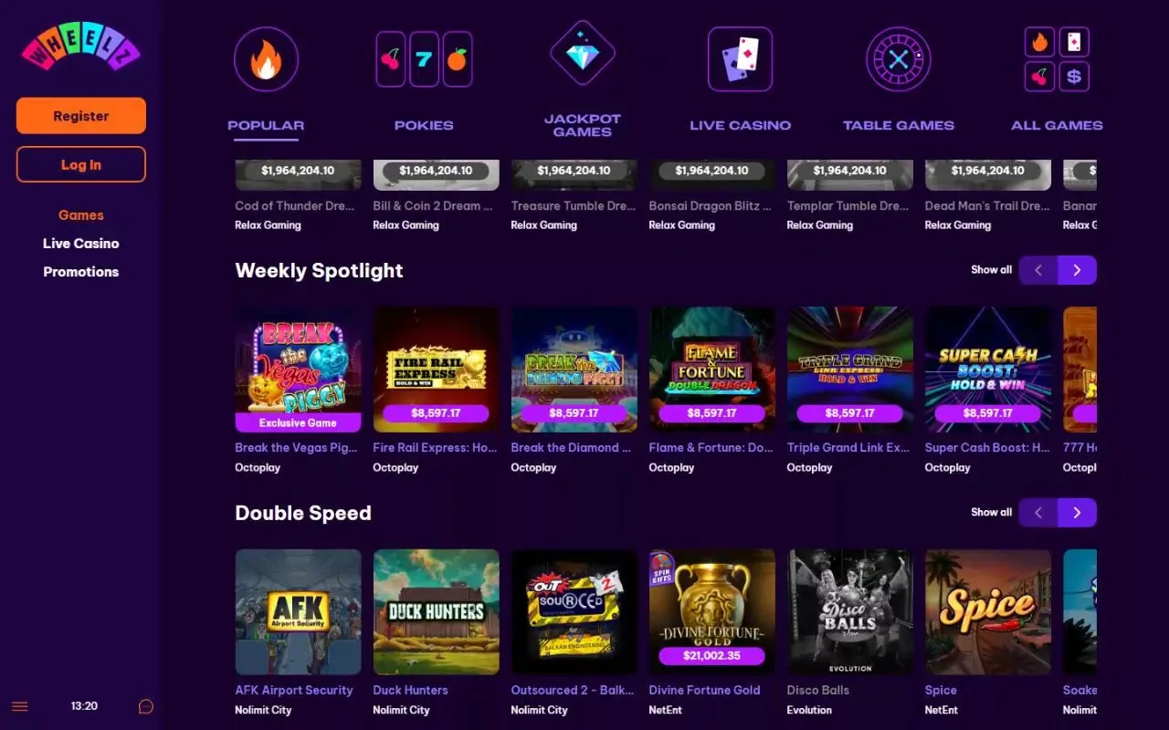 Weekly Spotlight and Double Speed pokies rails at Wheelz Casino