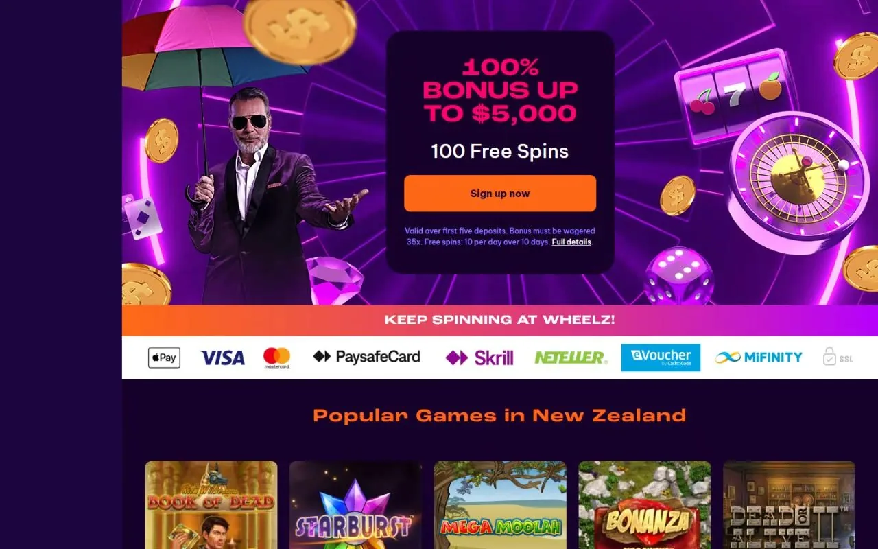 Wheelz Casino NZ homepage with the 100% up to $5,000 bonus and 100 free spins, September 2026
