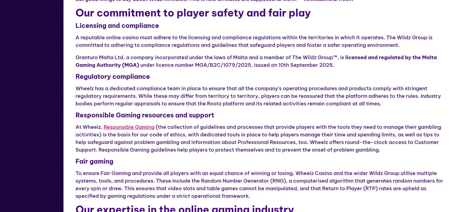 Wheelz Casino licensing, compliance and fair gaming statement