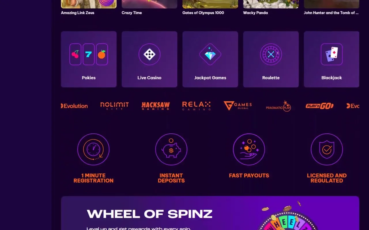 Wheelz game categories, software providers and one-minute registration promises