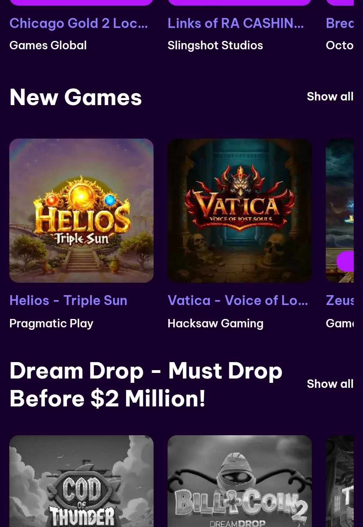 Wheelz Casino mobile lobby with new games and Dream Drop jackpots