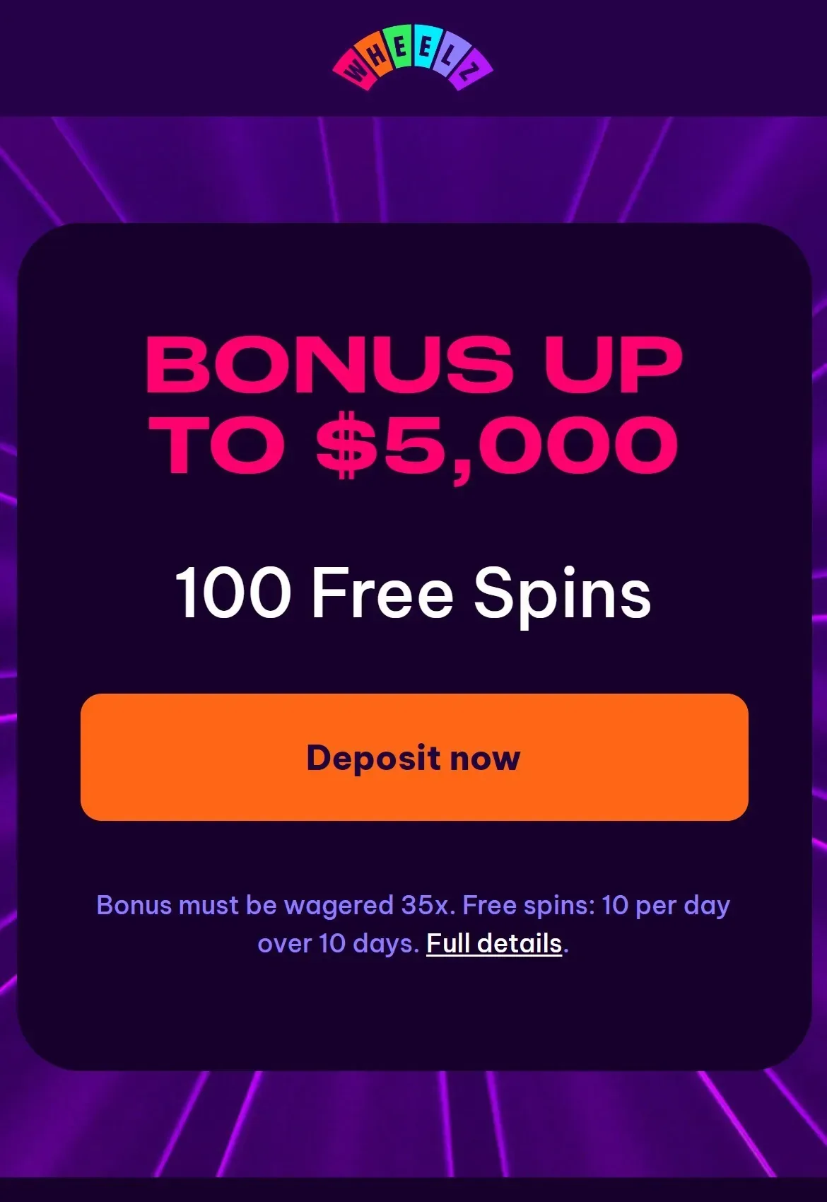 Wheelz Casino mobile site showing the $5,000 bonus and 100 free spins