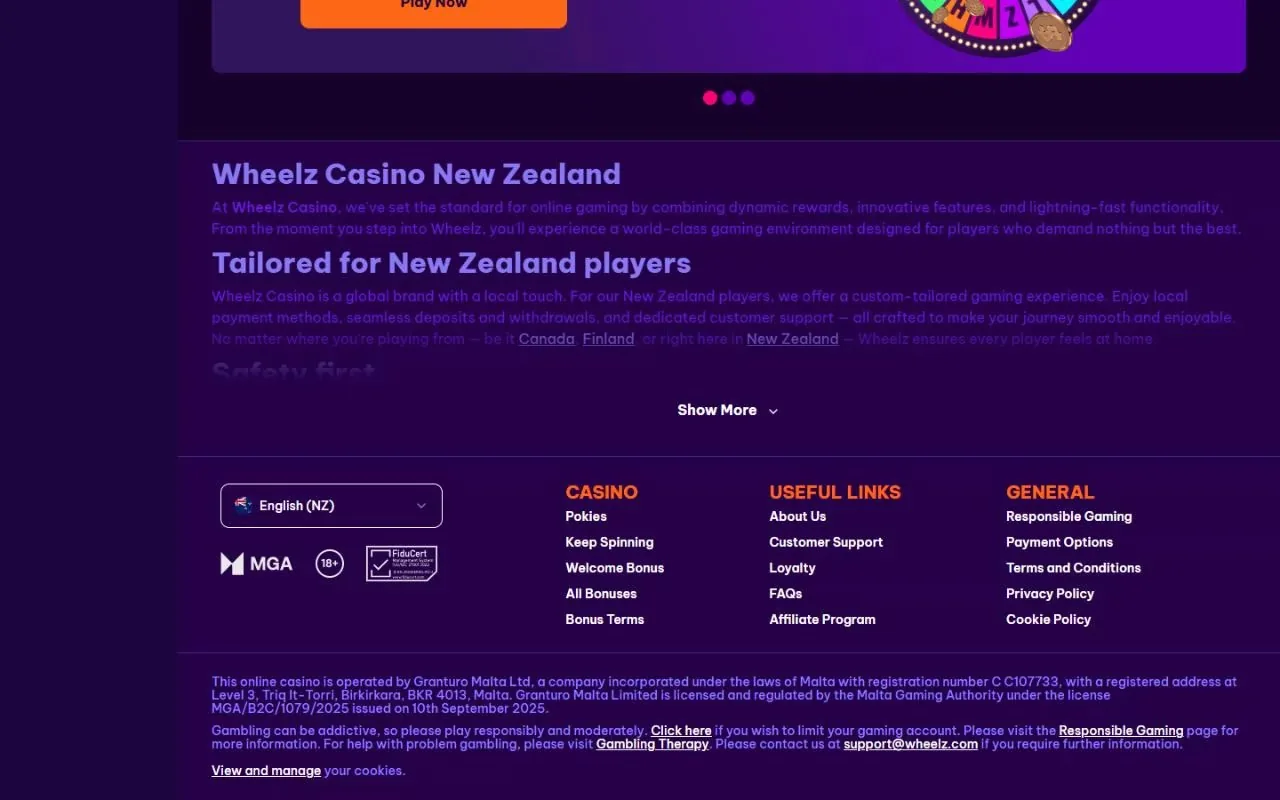 Wheelz Casino footer naming Granturo Malta Ltd and MGA licence MGA/B2C/1079/2025
