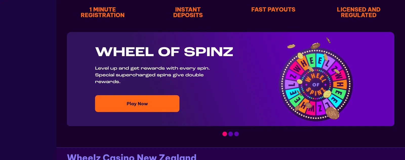 Wheel of Spinz rewards banner at Wheelz Casino