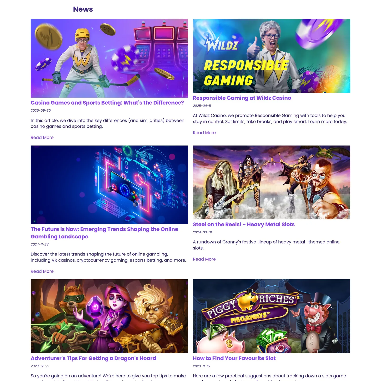 Wildz Casino news section with responsible gaming and game guides