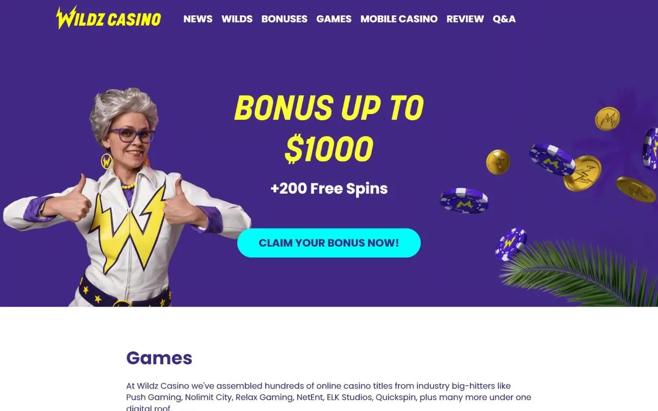 Wildz Casino games page describing online slots and jackpots