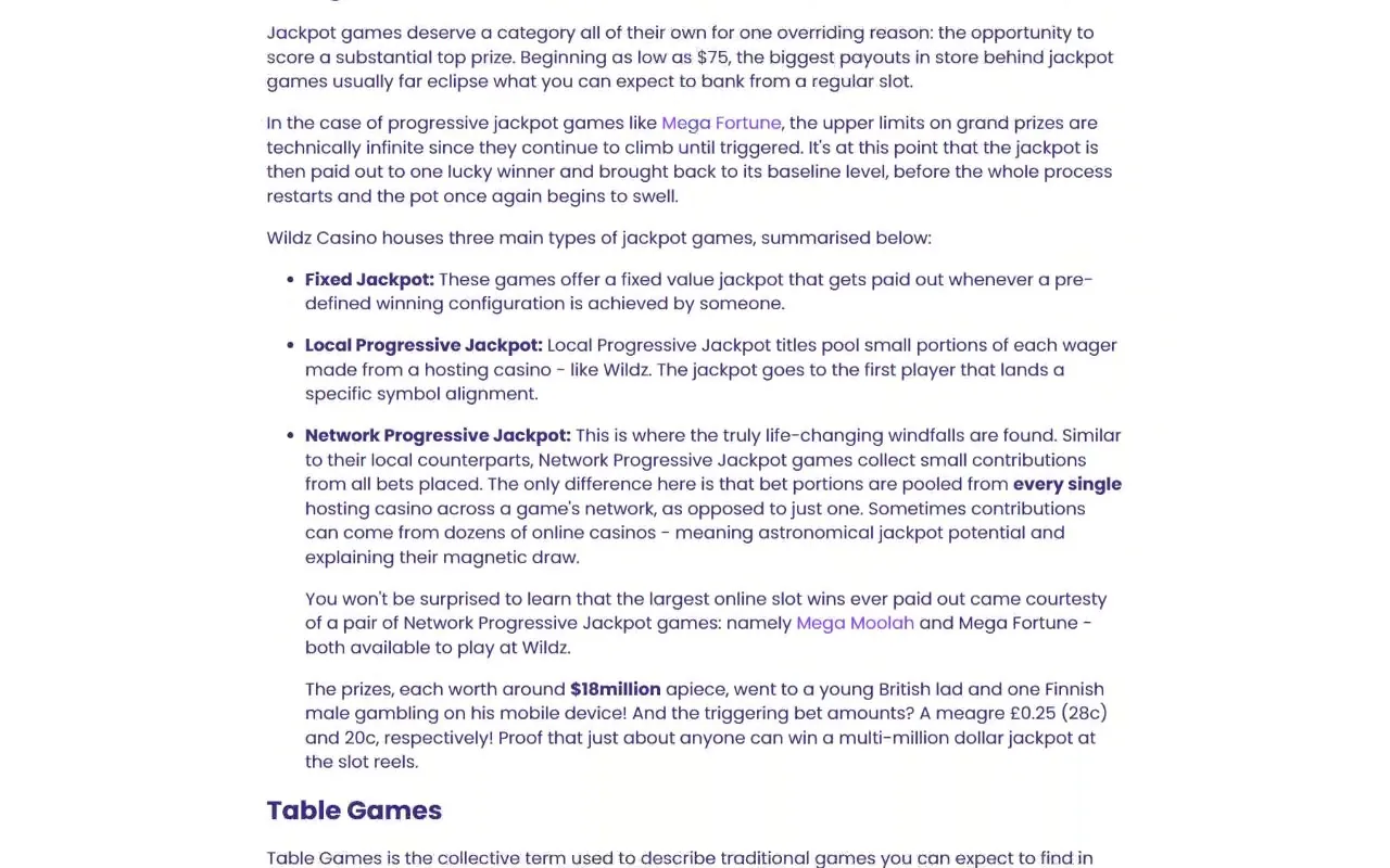 Wildz Casino games page on table and live casino games