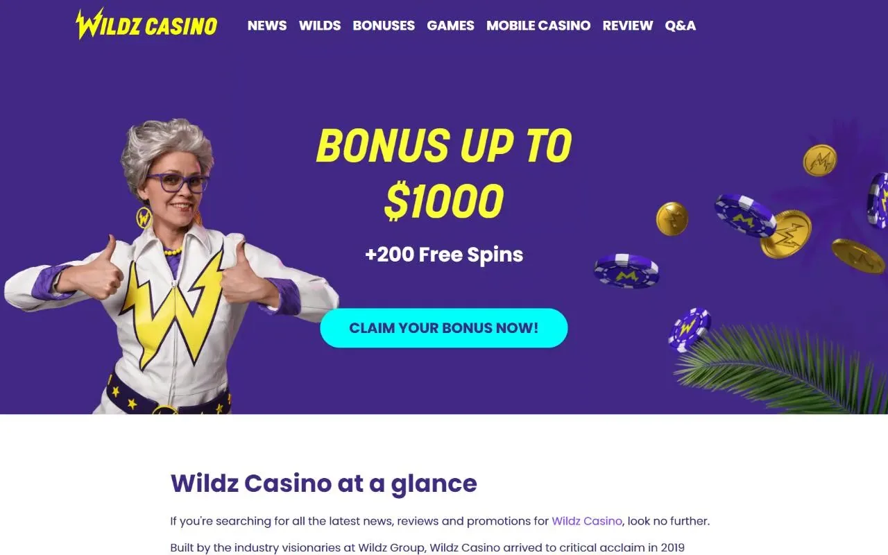 Wildz Casino NZ landing page with the bonus up to $1,000 plus 200 free spins, September 2026