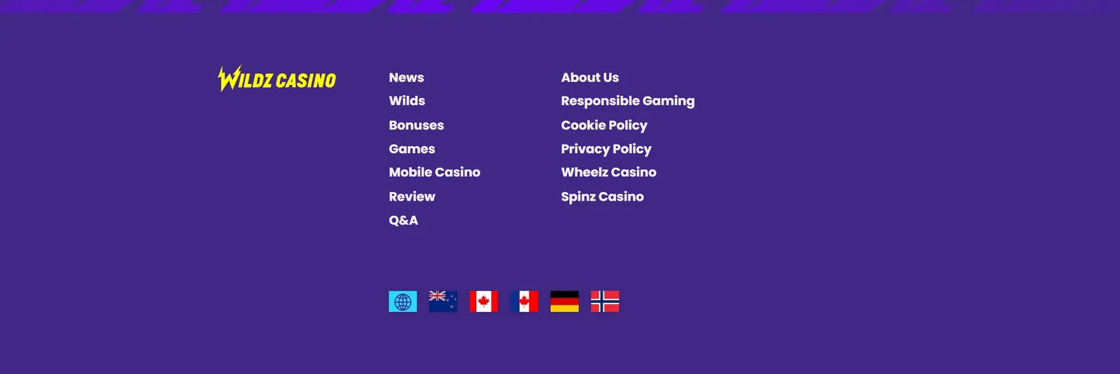 Wildz Casino footer with navigation and language options