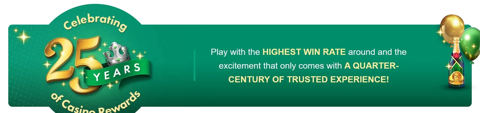 Casino Rewards celebrating 25 years banner on Zodiac Casino NZ