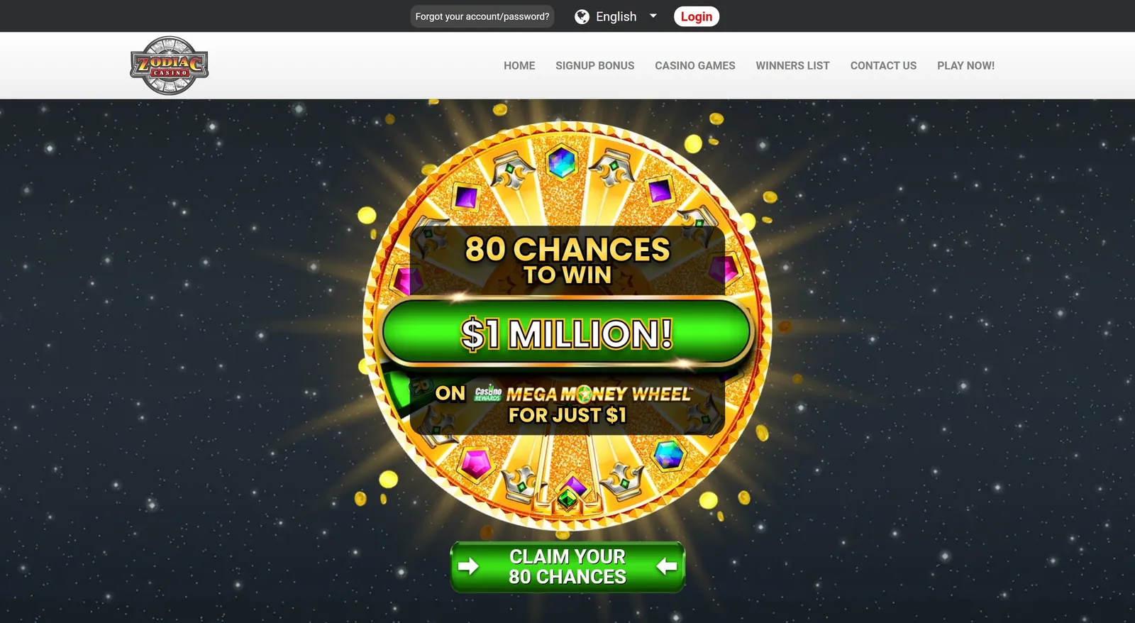 Zodiac Casino NZ homepage showing the 80 chances to win $1 million welcome bonus for a $1 deposit