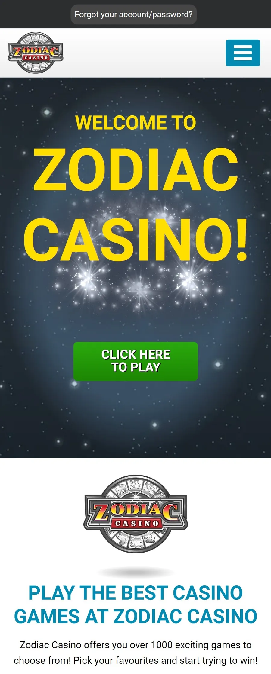 Zodiac Casino NZ mobile site in a phone browser showing the homepage and the 1,000+ games lobby